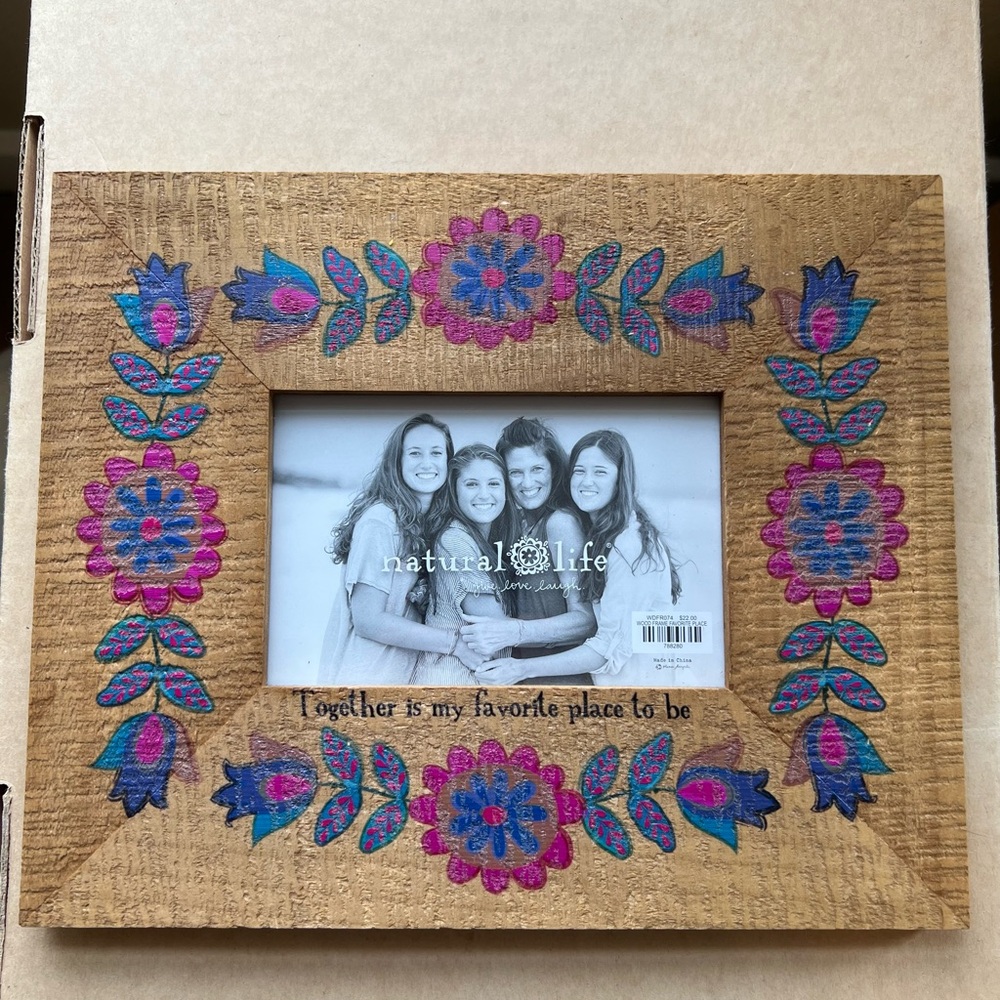 Natural Life Boho Wood Bright Blue & Pink Flower Photo Frame 5 1/2 x 3 1/2